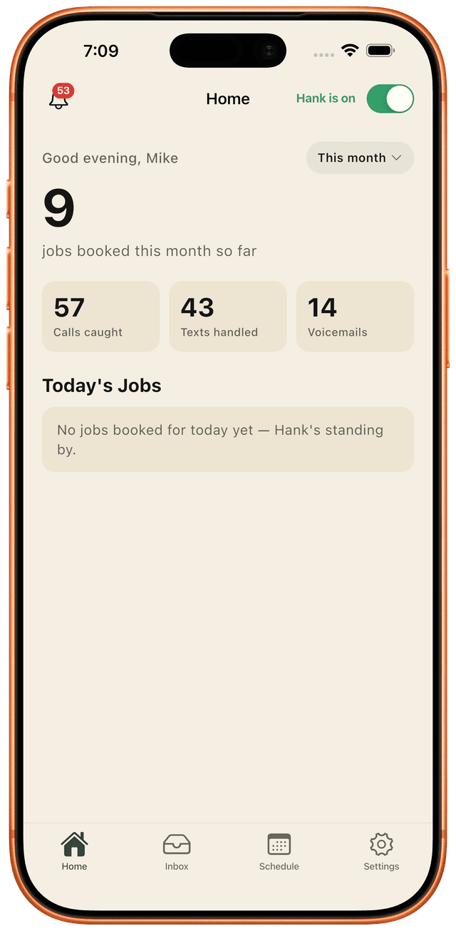 Real hank app home dashboard for a plumbing shop: jobs booked, missed calls handled, recent wins